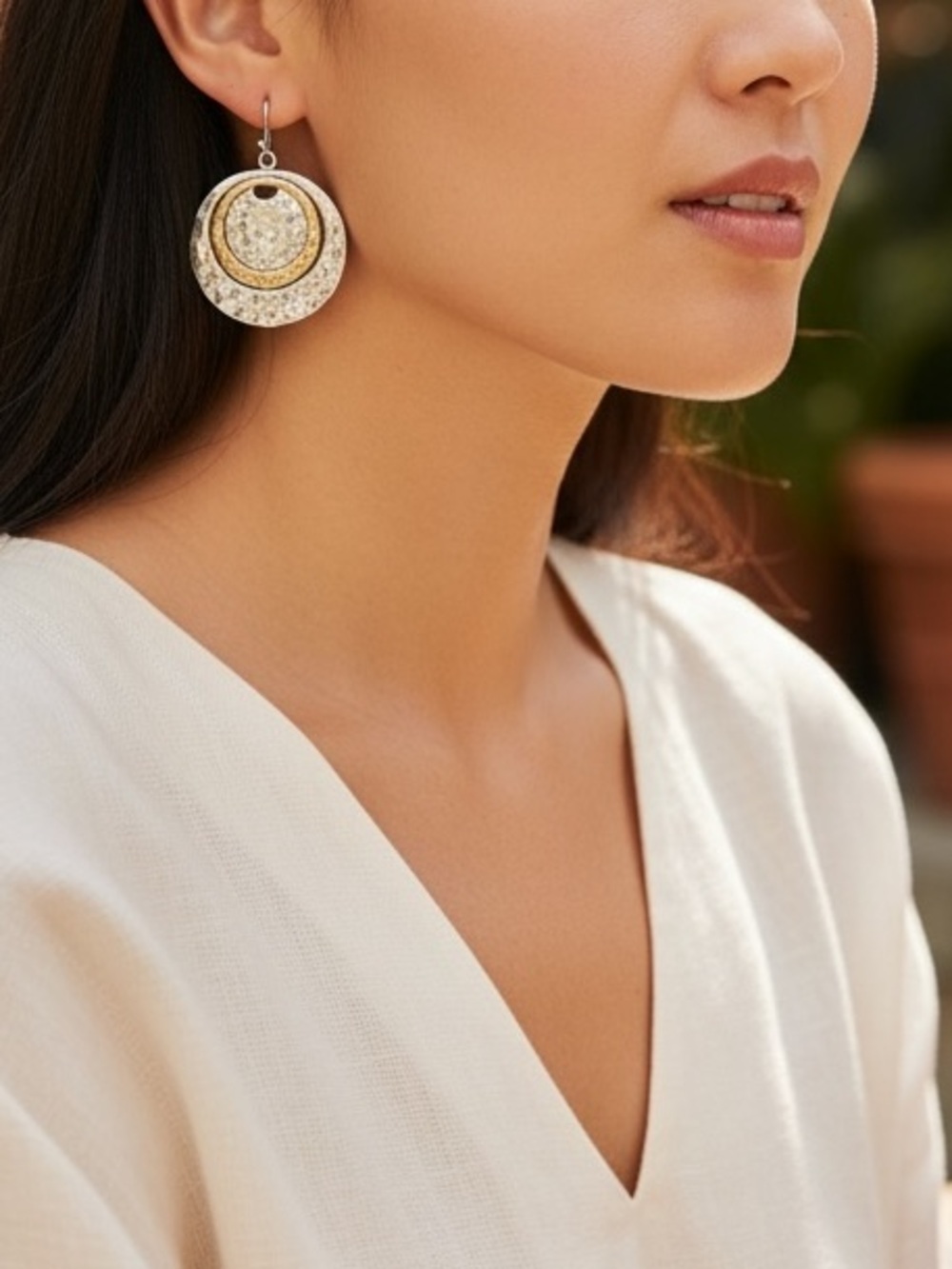 NEW• Zen Bohemian Boho Chic Layered Silver & Gold Inlay Drop Earrings